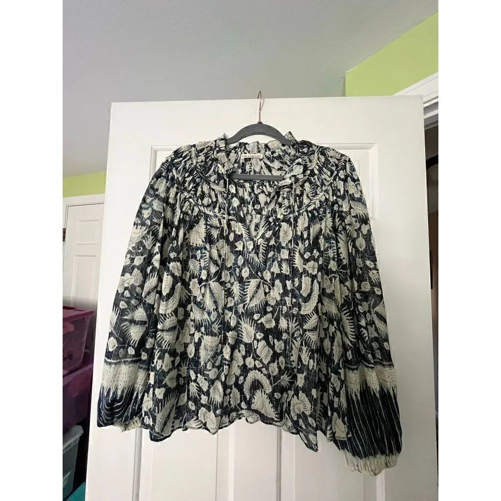 Ulla Johnson Floral Semi-Sheer Metallic Peasant Blouse
